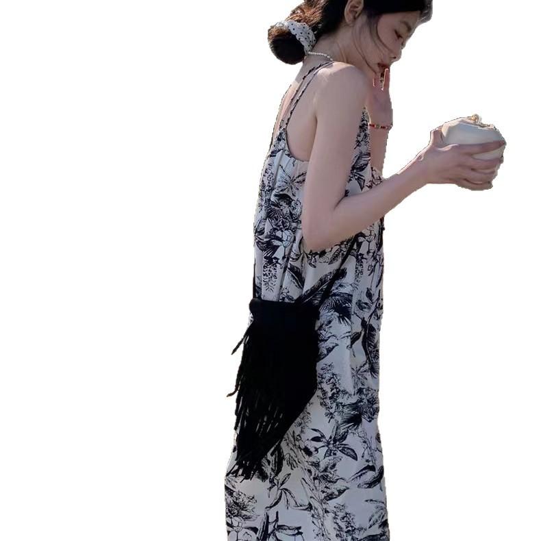 Holiday wind suspender floral dress coffee break French Thai long dress women's summer Sanya travel seaside wear