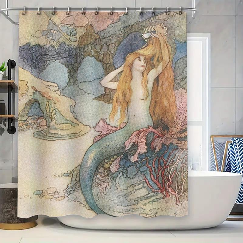 Vintage Red Flower Print Shower Curtain 3D Birds Bath Decoration Home Decor Waterproof Fabric Bathroom Accessories