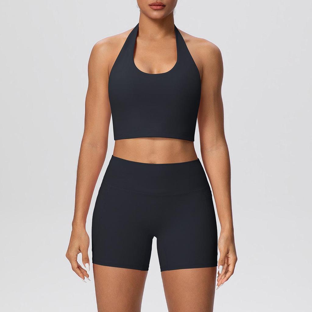 Solid Color Cross-Border Yoga Suit Set: Brushed Hanging Neck Vest with Pocket Pants and Fitness Shorts for Women