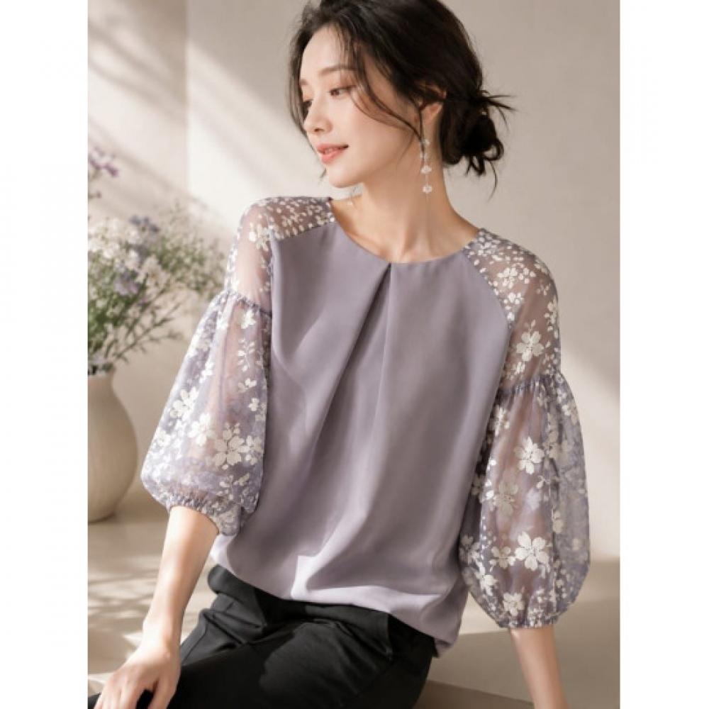 Rellawear Bloom Flower Sheer Volume Sleeve Blouse