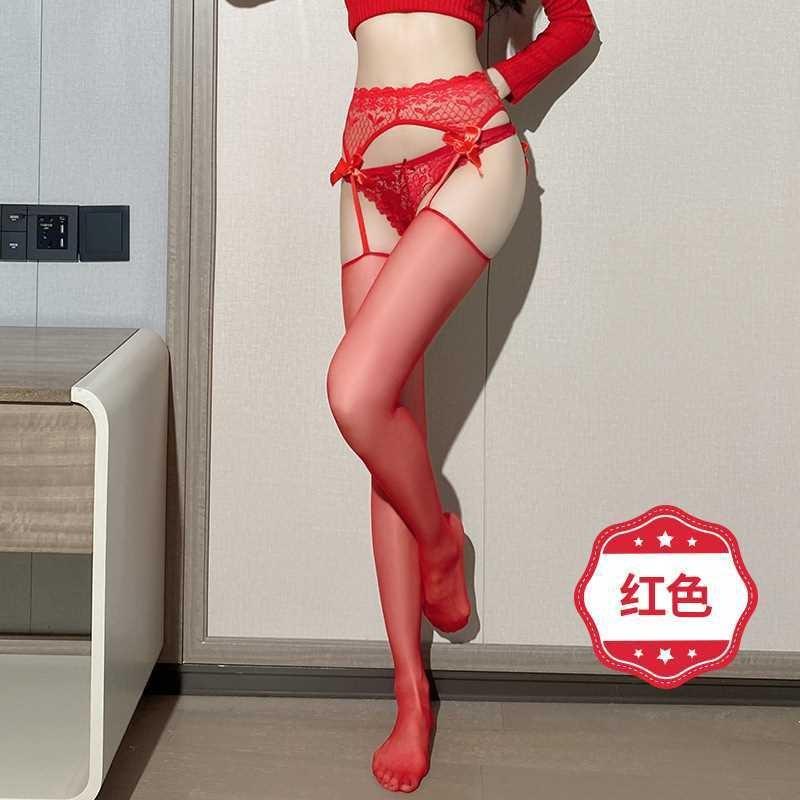 Summer Ultra-thin Stockings Sexy Black Silk Suspenders Integrated Women's Lace Bow Fun Open Stockings