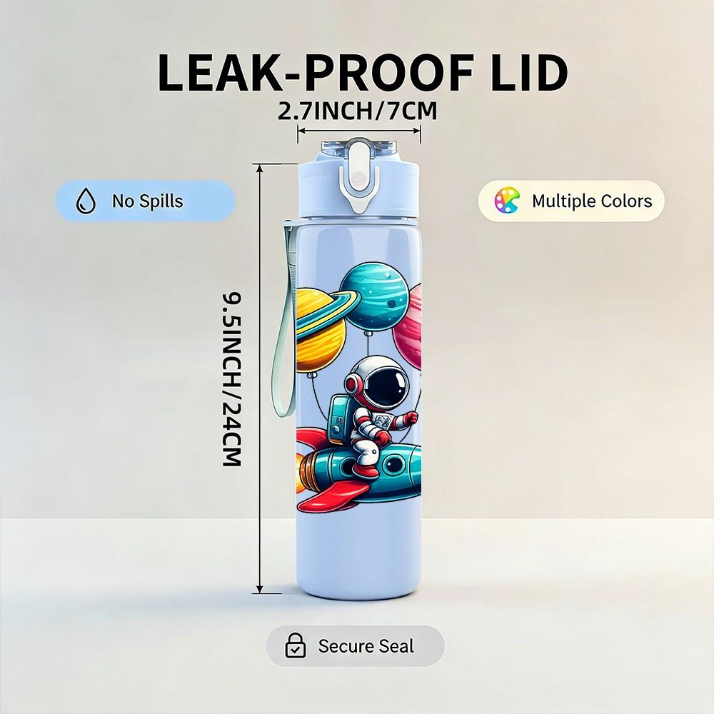 1PC Spaceman Play Toy Planet Cartoon Print 750ml Color Plastic Sports Water Bottle Leakproof Flip Straw Lid Suitable for Sports Office Home Use