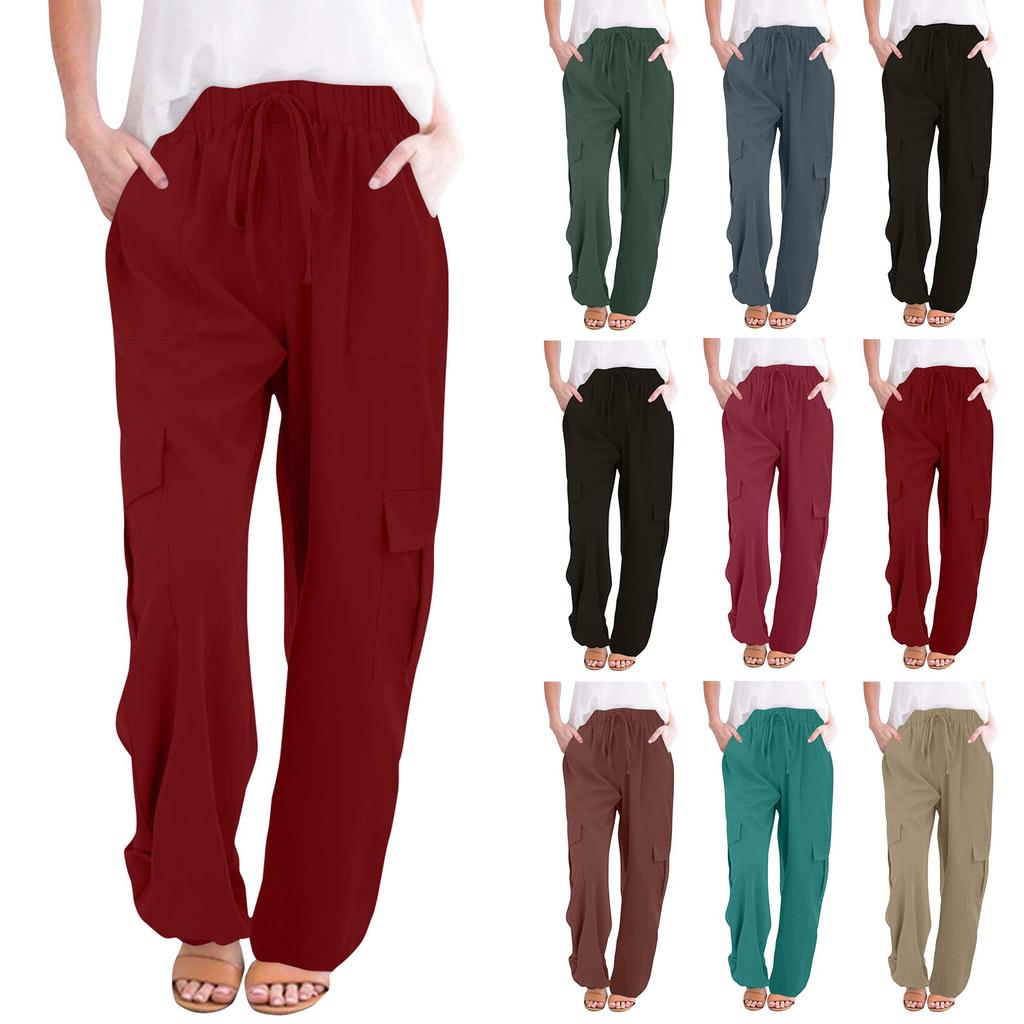 Women's Spring Fashion All-match Drawstring Solid Color Pocket Casual  Pants