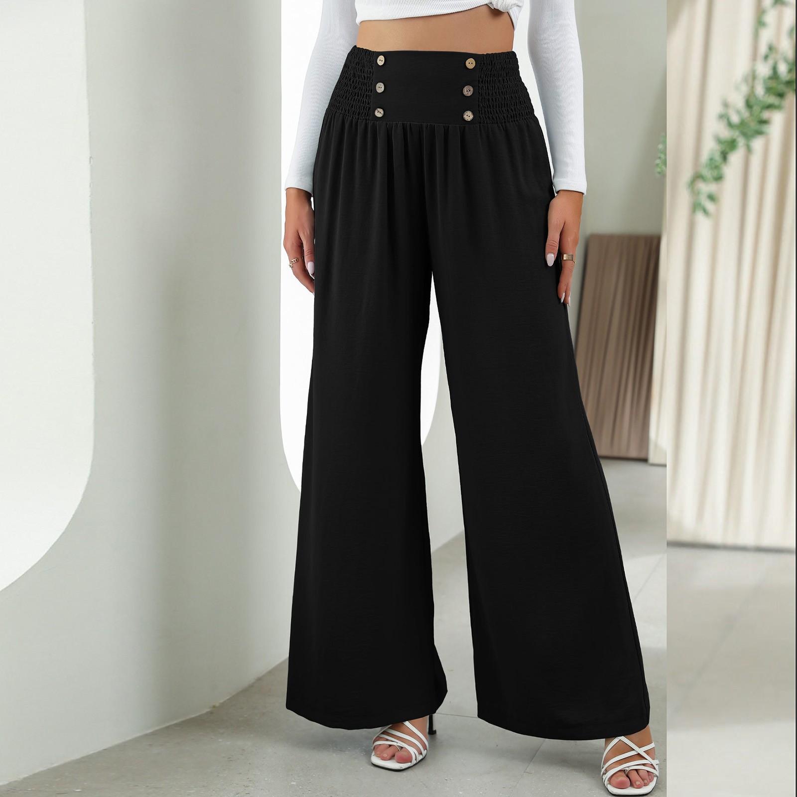 

Ladies Color Fashion Elastic Waist High Waist Wide Leg Pants Casual Pants XL чёрный