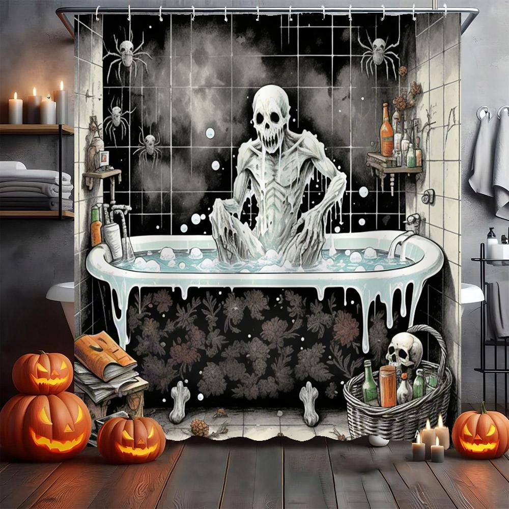 Amusing and Creative Skeleton Skull Shower Curtain Waterproof Bathroom Curtain Funny Scary Halloween Home Decorative Curtain