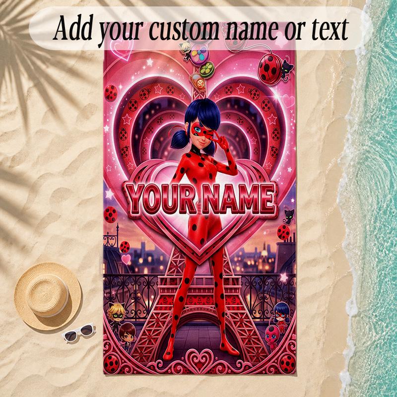 Beach TowelMiraculous Ladybug Custom Name Text Personalized Soft Towel for Beach Pool Indoor Home Decor Gift