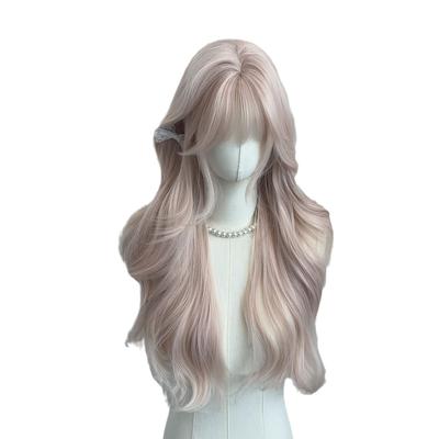 Peruka dla kobiet - Różowe Długie Włosy z Misty Pink Blonde Pasemkami, Długie Kręcone Włosy z Prostą Grzywką, Japońska Kawaii Naturalna Peruka Full Lace