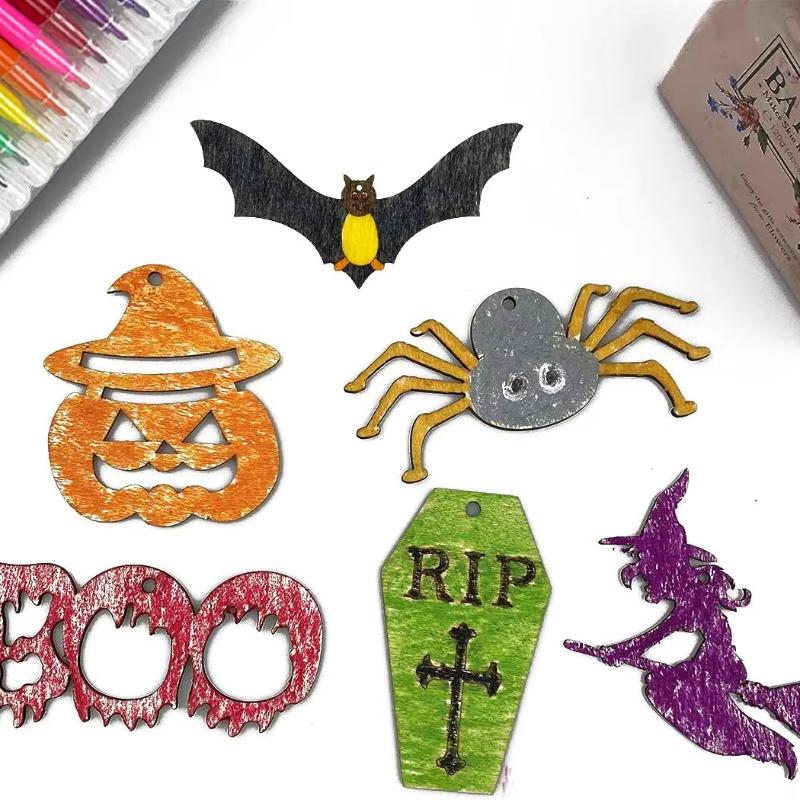 6 PCS Wooden Slices Hanging Ornaments Halloween Crafts for Kids DIY Decorations Indoor Party Supplies