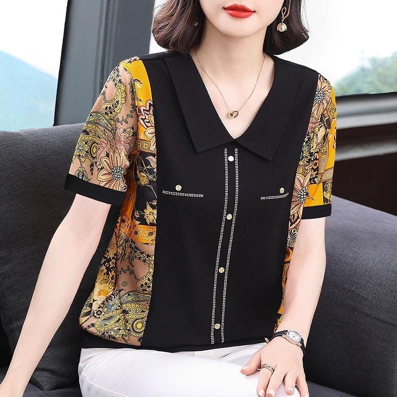 

Fashionable Temperament Short-sleeved T-shirt Women s Ice Silk Summer Age-reducing Top 4XL чорний