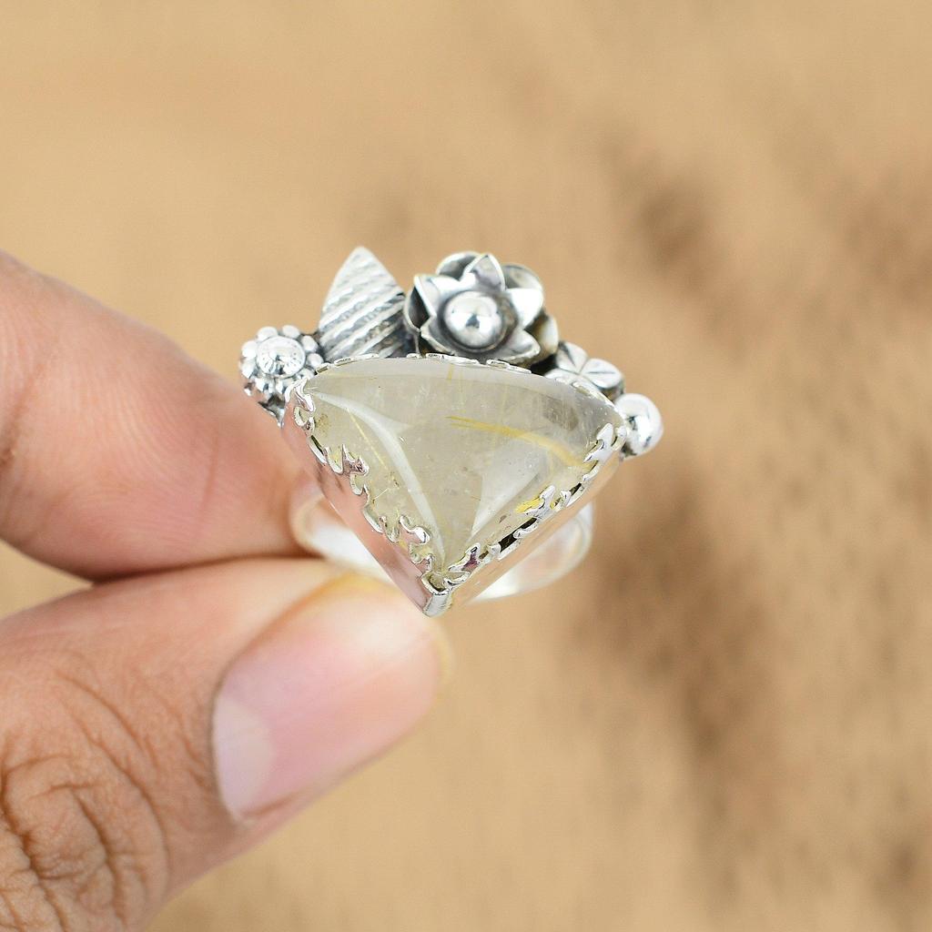 Memorial Day Sale Golden Rutile Gemstone Promise Flower Ring Jewelry 925 Silver