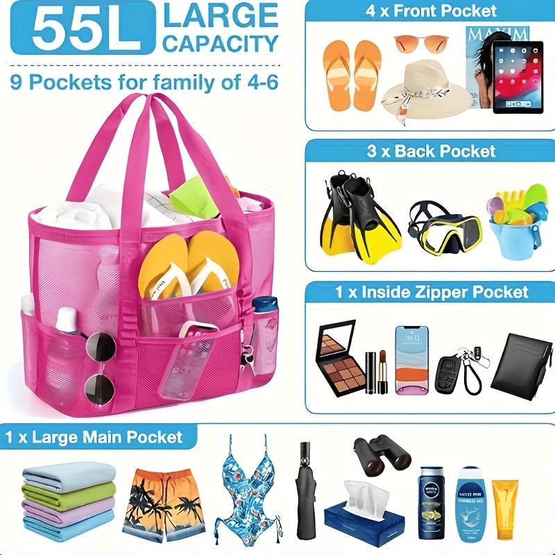 Summer Essentials Large Sandproof Mesh Beach Tote Bag with Pockets, Foldable Portable Shoulder Bag, Large Capacity Multi-Pocket Storage for Beach