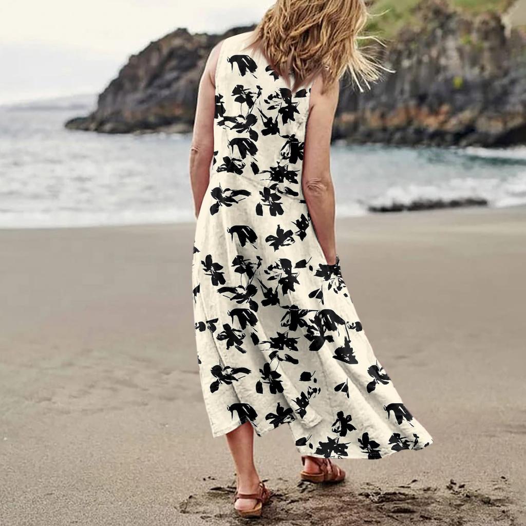 Women Sleeveless Floral Print Pocket Dress Casual Summer Loose Fit Midi Length Comfortable Lightweight Dress