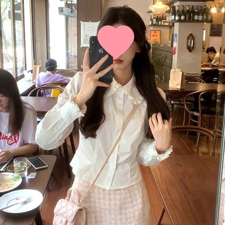 2025 Spring/Autumn Sweet Girly Slim-Fit White Puff Sleeve Top