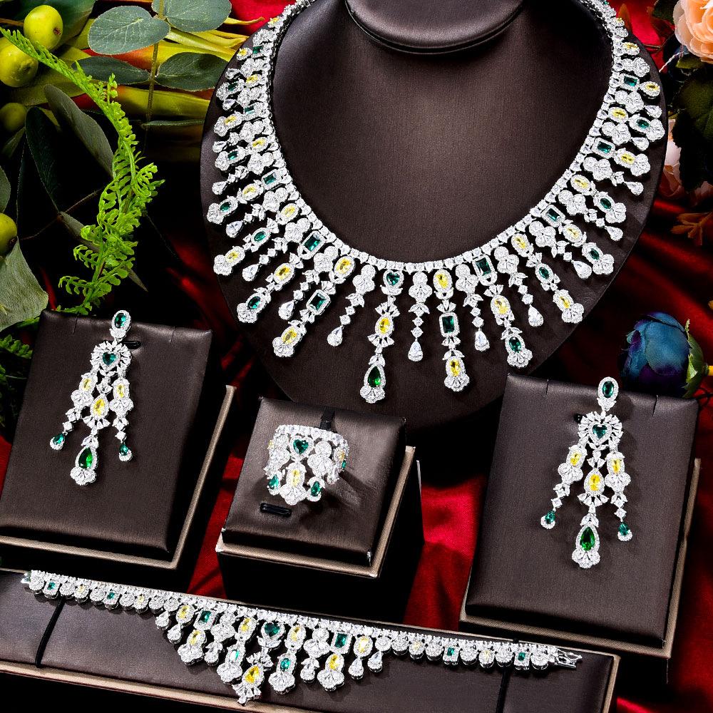 Luxury Dress Jewelry Color Zircon Necklace Set High-end Wedding Micro-set Bridal Wedding Earrings Jewelry