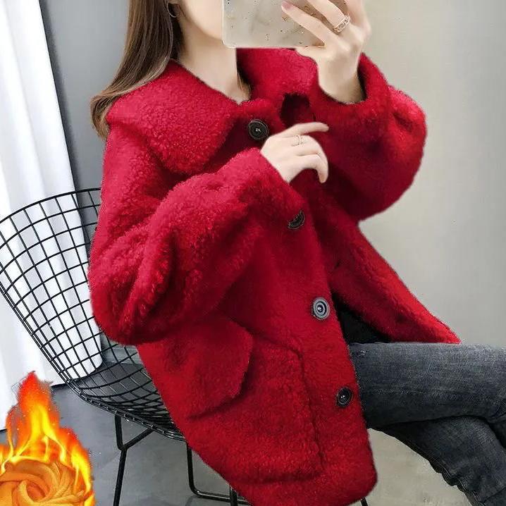 WTEMPO V-neck Solid Color Polar Fleece Coats with Buttons Women's Thick Warm Autumn Winter Large Size Windproof Plush Jackets
