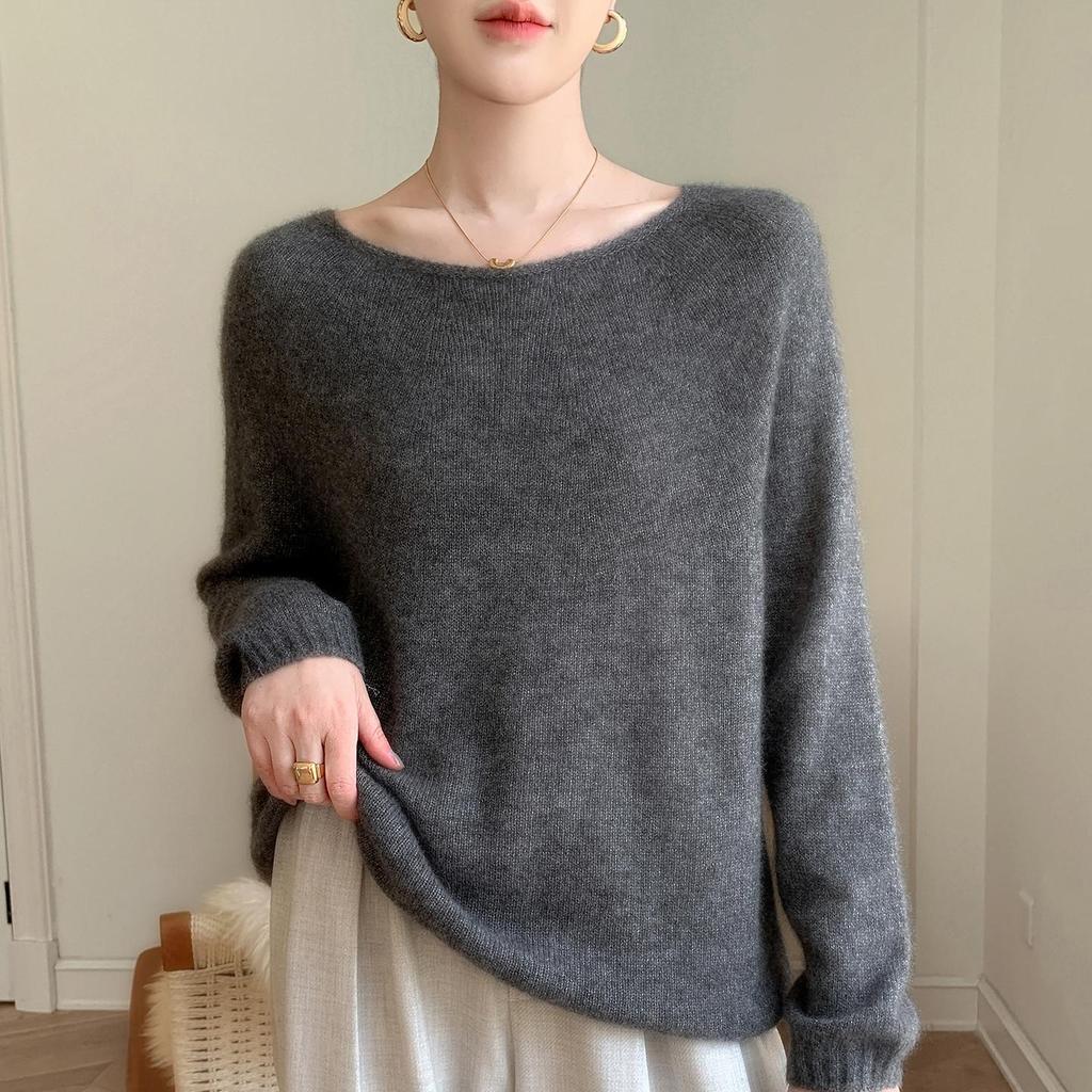 Elegant One-Shoulder Mulberry Silk Cashmere Sweater for Women - Slimming Autumn/Winter Knit Base Layer