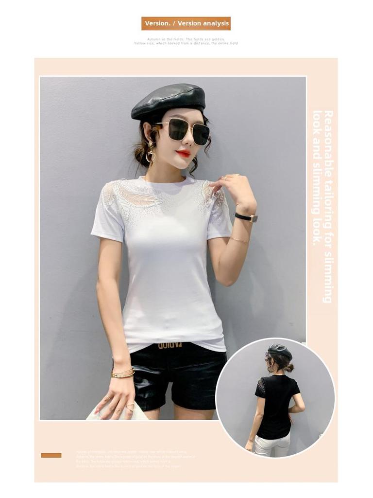 2024 Women's Slim Fit Lace Hollow Diamond Tee - Short-Sleeved, Round Neck Fashion for Spring/Summer
