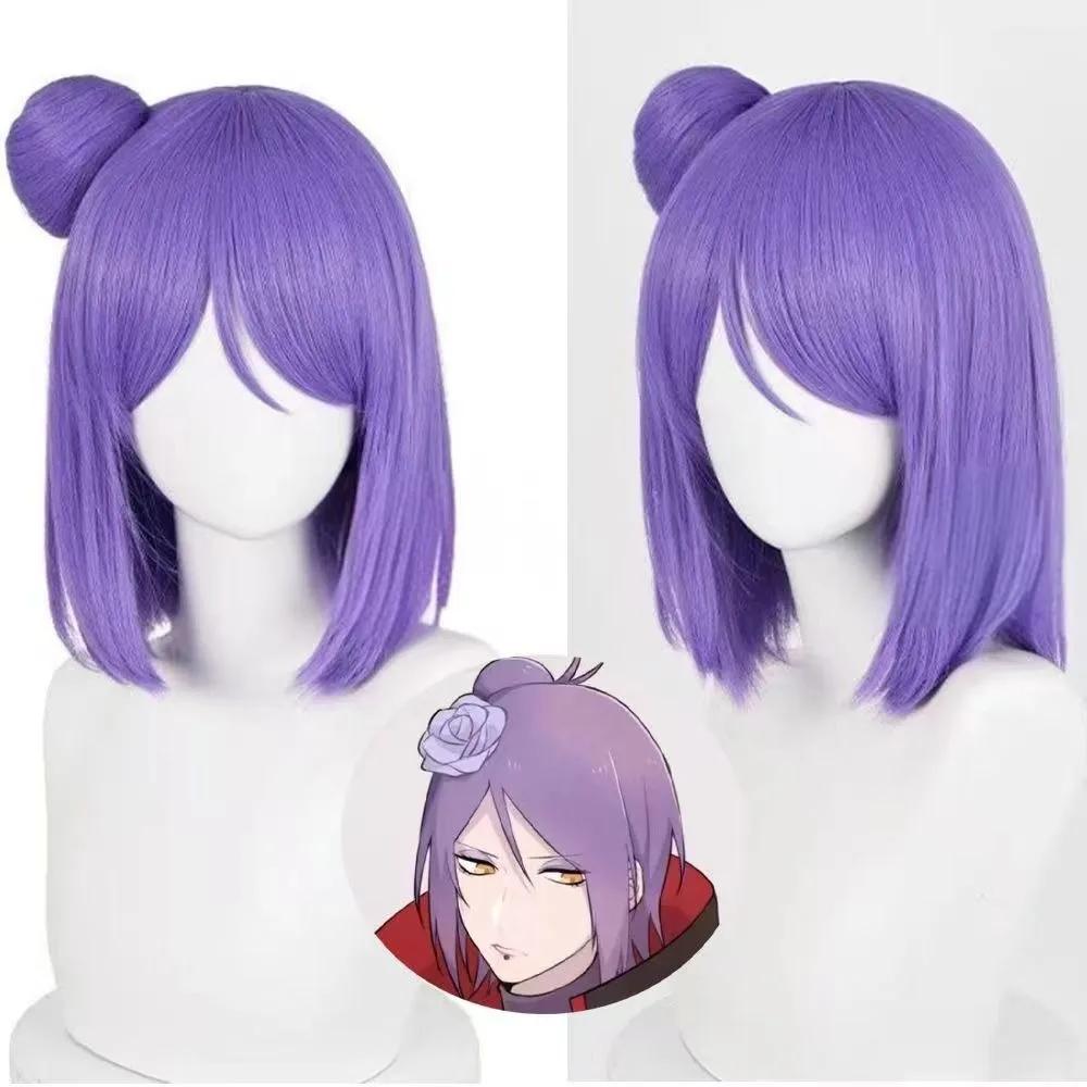 Paruka na cosplay Konan pro rámování obličeje Fialový drdol Krátká délka Realistická pokožka hlavy Snadno se upravuje