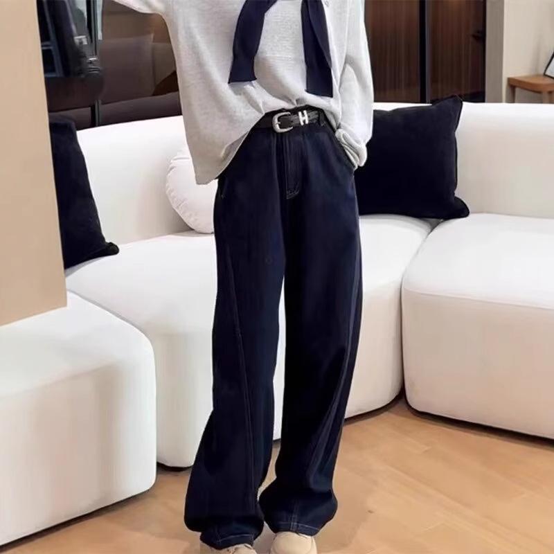 Dark Blue High-Waisted Wide-Leg Jeans for Women - Plus Size, Slimming Fit, Perfect for Autumn and Winter