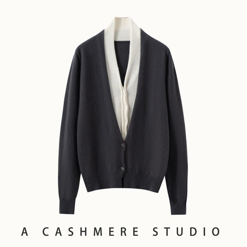 Cashmere Women's V-neck Two-tone Faux Layered Knit Sweater Cardigan for Autumn/Winter 2025