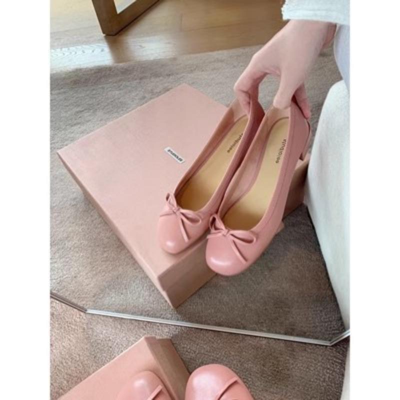 Sheepskin version single shoes women's round head light mouth bow leather shoes versatile thick heel commuter ballet shoes