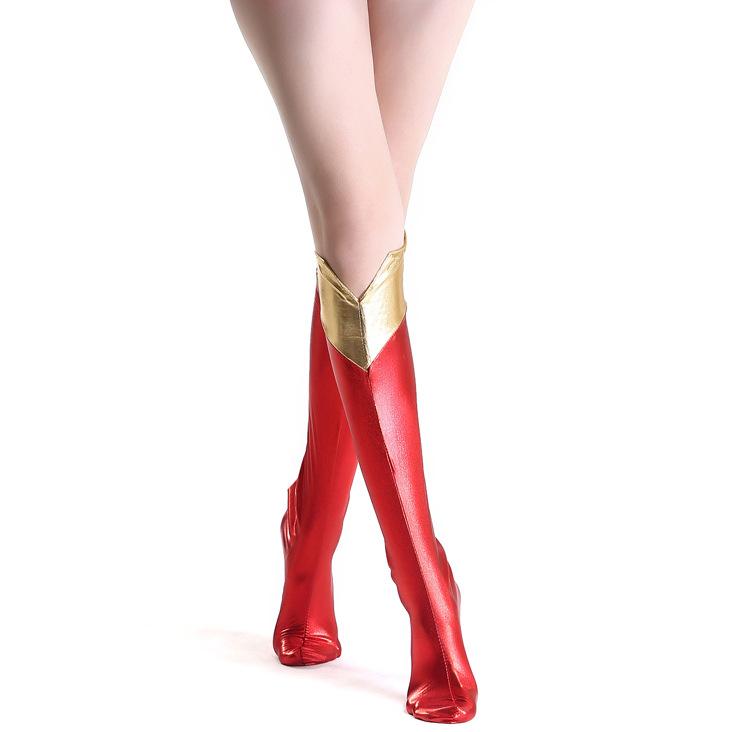 PU leather superwoman boots cover, bronzing superman long foot cover, bronzing superman foot cover