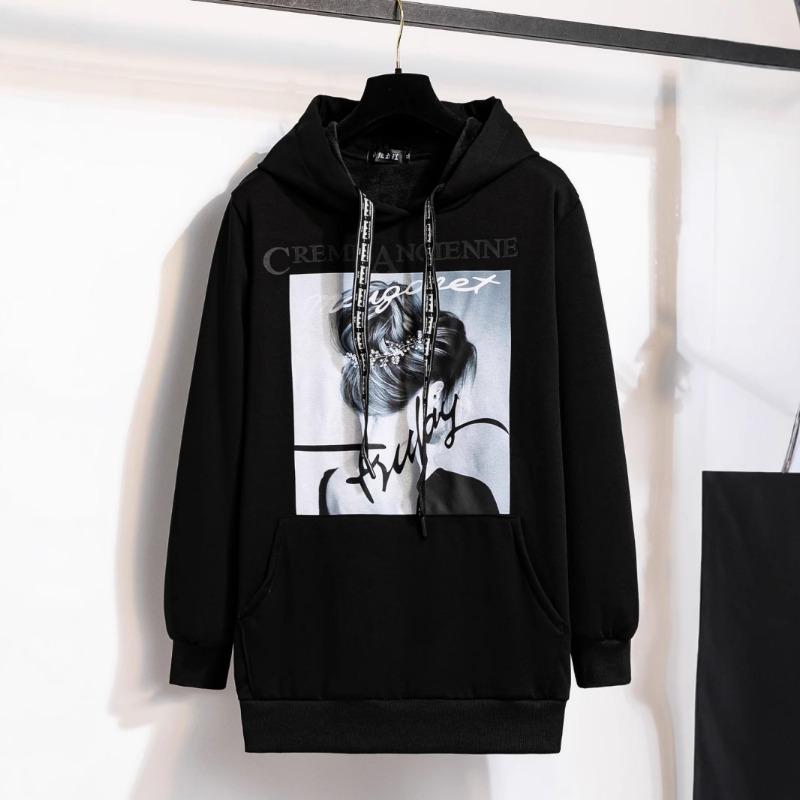 

Большие размеры Женская новая зимняя толстовка с капюшоном из флиса с принтом и карманом на шнурке XL чёрный