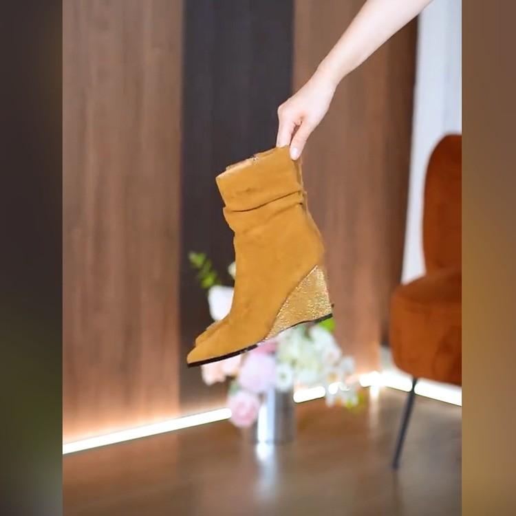 

Fashion Winter Women Ankle Boots Pointed Toe Wedges Pumps Suede Fashion Shoes Woman Boots 2025 New Trend Party Wedding Dress Botas Femme 35 абрикосовый