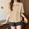 T-shirt da donna a maniche corte con colletto mezzo zip e tasca, top casual ampio