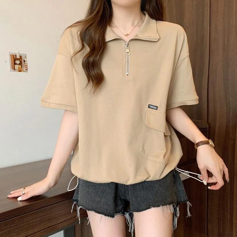 T-shirt da donna a maniche corte con colletto mezzo zip e tasca, top casual ampio