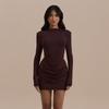 European and American Women's Clothing Autumn New Temperament Solid Color Round Neck Long Sleeve Pleated Hip Wrap Dress Women