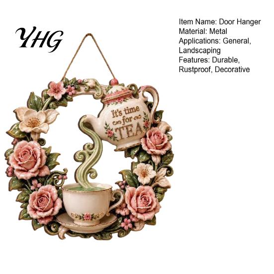 Rust Resistant Garden Decorations It's Time for Tea Door Sign, Metal Floral Wreath Hanger with Teapot Teacup Design, Decor Rustic Wall Kitchen Dining