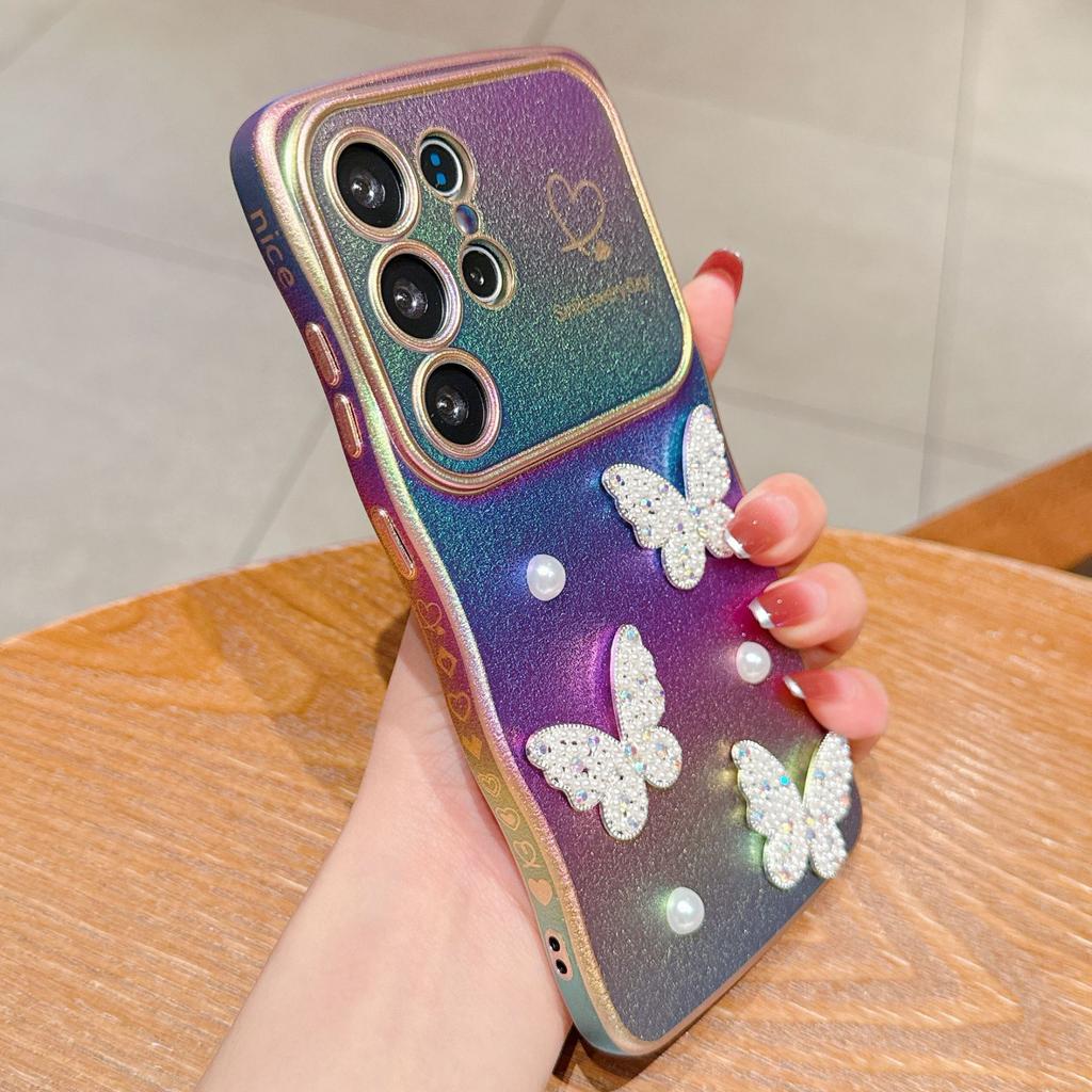 Husă Telefon Mobil Samsung S25edge Mătăsos Colorat Galvanizat S24 Ultra Val de Dragoste Perlă Fluture S23