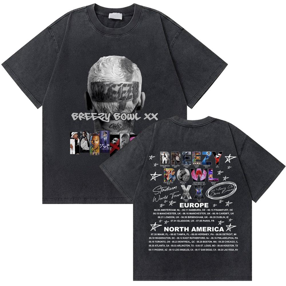 Washed Rapper Chris Brown Breezy Bowl XX World Tour Tshirts Men Women Hip Hop Retro Tshirt Mens Fashion Trend Streetwear