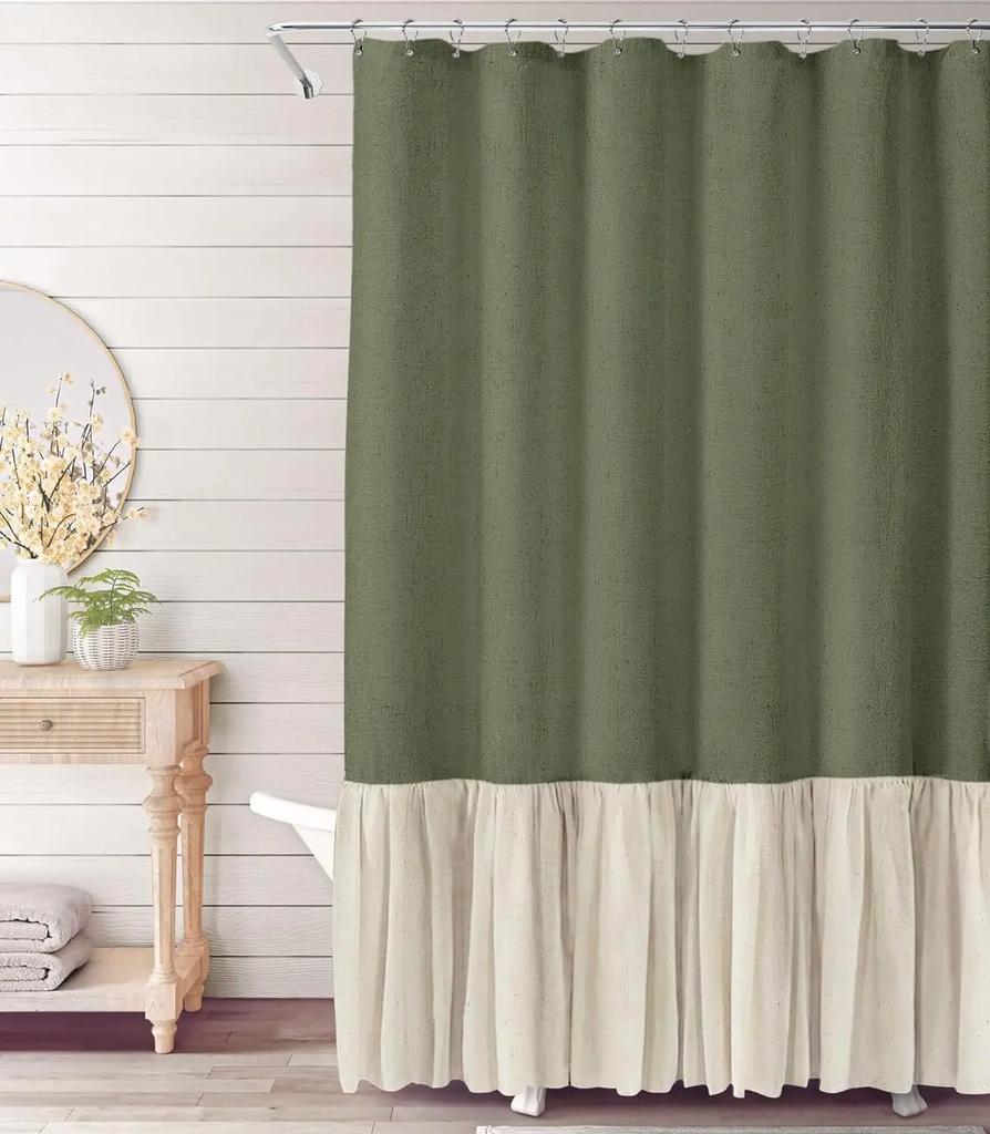 Cortina de Ducha Lisa de Lino Algodón con 12 Ganchos Impermeable Floral Volante Falbala Borde con Volante Festón Bajo Festoneado Decoración Baño Aseo