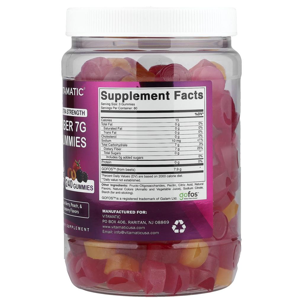 Vitamatic Fiber Gummies, Natural Berry, Peach & Strawberry, 240 Gummies