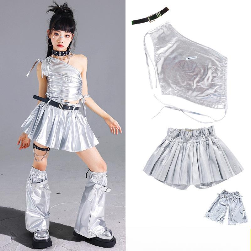 Mädchen K-Pop Silbernes Crop Top Glänzende Street Dance Röcke Kinder Hip Hop Jazz Kleidung Set Kinder Streetwear Girlgroup Bühnenkostüm