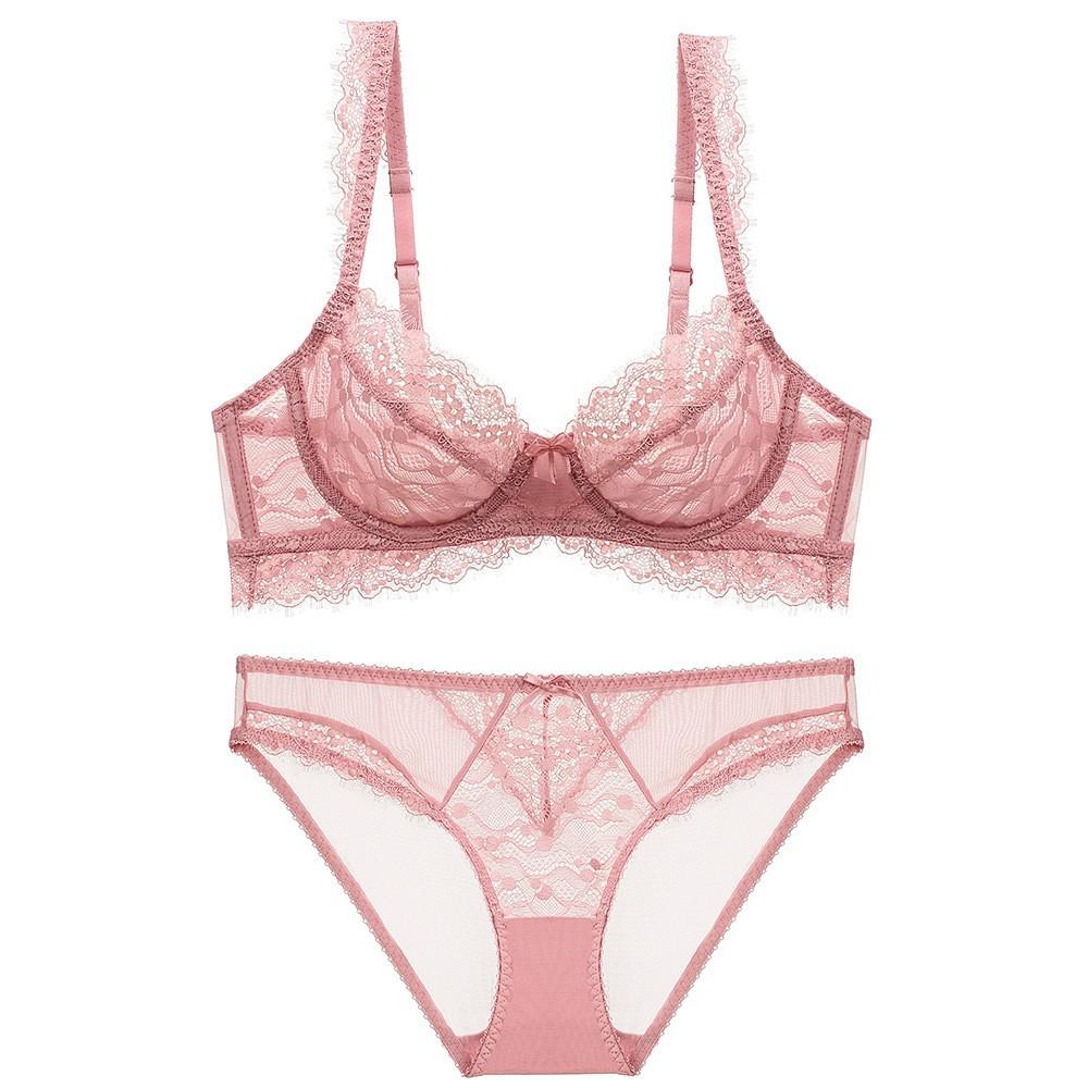 European and American sexy large-size underwear women's French ultra-thin transparent lace bra big chest small anti-sagging underwear set