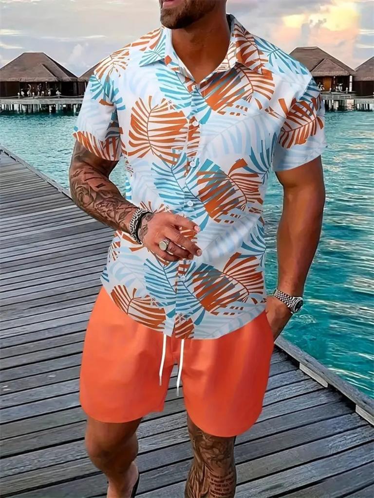 Hawaii Geometric Print Men's Shirt Casual Fashion Short Sleeve Shirt Shorts Set Men's Lapel Top Drawstring Shorts Two Piece Set