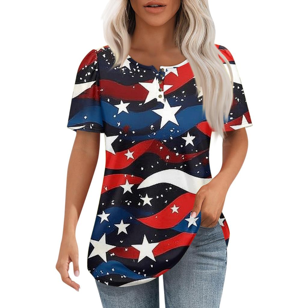 Modisches, lässiges Pullover-Oberteil mit kurzen Ärmeln und Knopfleiste und Rundhalsausschnitt für Damen