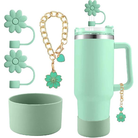 Accessories for Stanley Cup Set,2Pcs Flower Straw Cover Caps 10mm Reble Brown Straw Toppers,1Pcs Cute Handle Charm and 1Pcs Silicone Boot Sleeve for