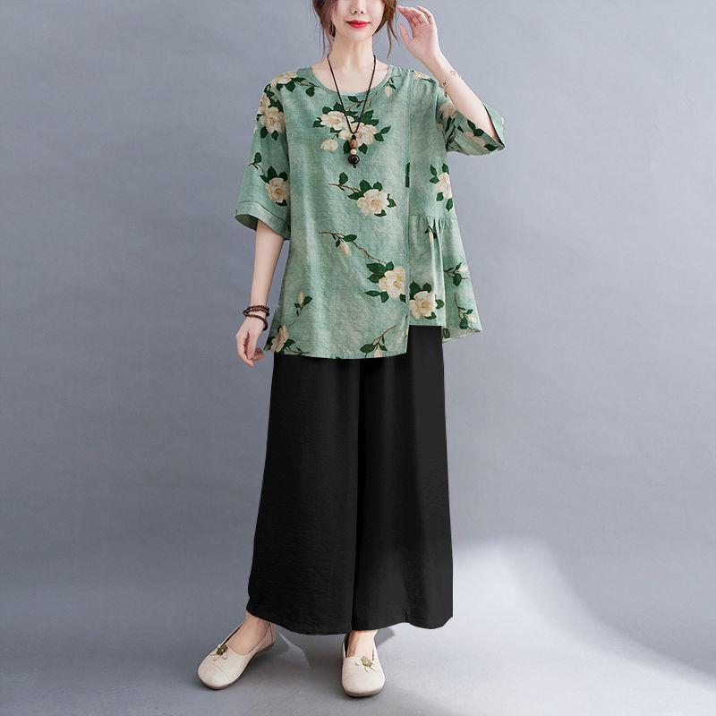 Móda pro matky středního věku Letní bavlněný a lněný oblek Letní luxusní nadměrná velikost Dvoudílný set s krátkým rukávem Tričko s krátkým rukávem + Kalhoty se širokými nohavicemi