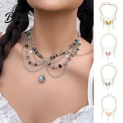 Alloy Pendant Necklace Women Multi Layer Chain Imitation Pearls Decor
