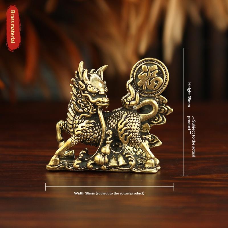 2Pcs/Set Brass Fu Character Kirin Small Ornament Home Office Copperware Tea Pet Decoration