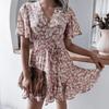 Floral Printed Women's Summer Dress Chic V Neck Short Sleeve A Line Ruffled Pleated