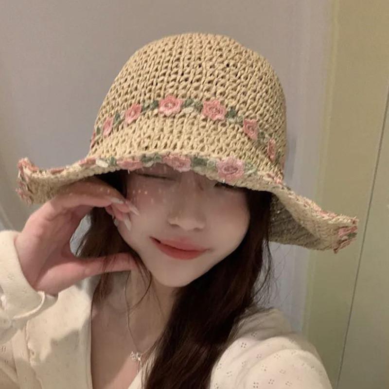 Stylish Ins Flower Foldable Straw Hat For Women Summer Beach Sun Protection