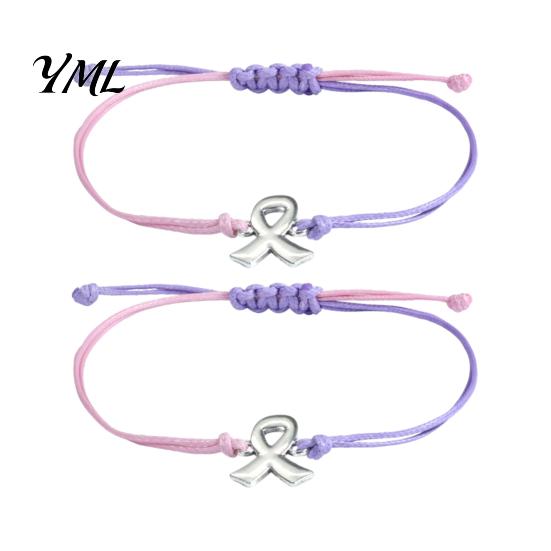 Braided Rope Wristband 2 Pcs Breast Cancer Awareness Bracelets, Adjustable String Ribbon Bracelet Bracelets with Charm, Inspirational Gifts for Women