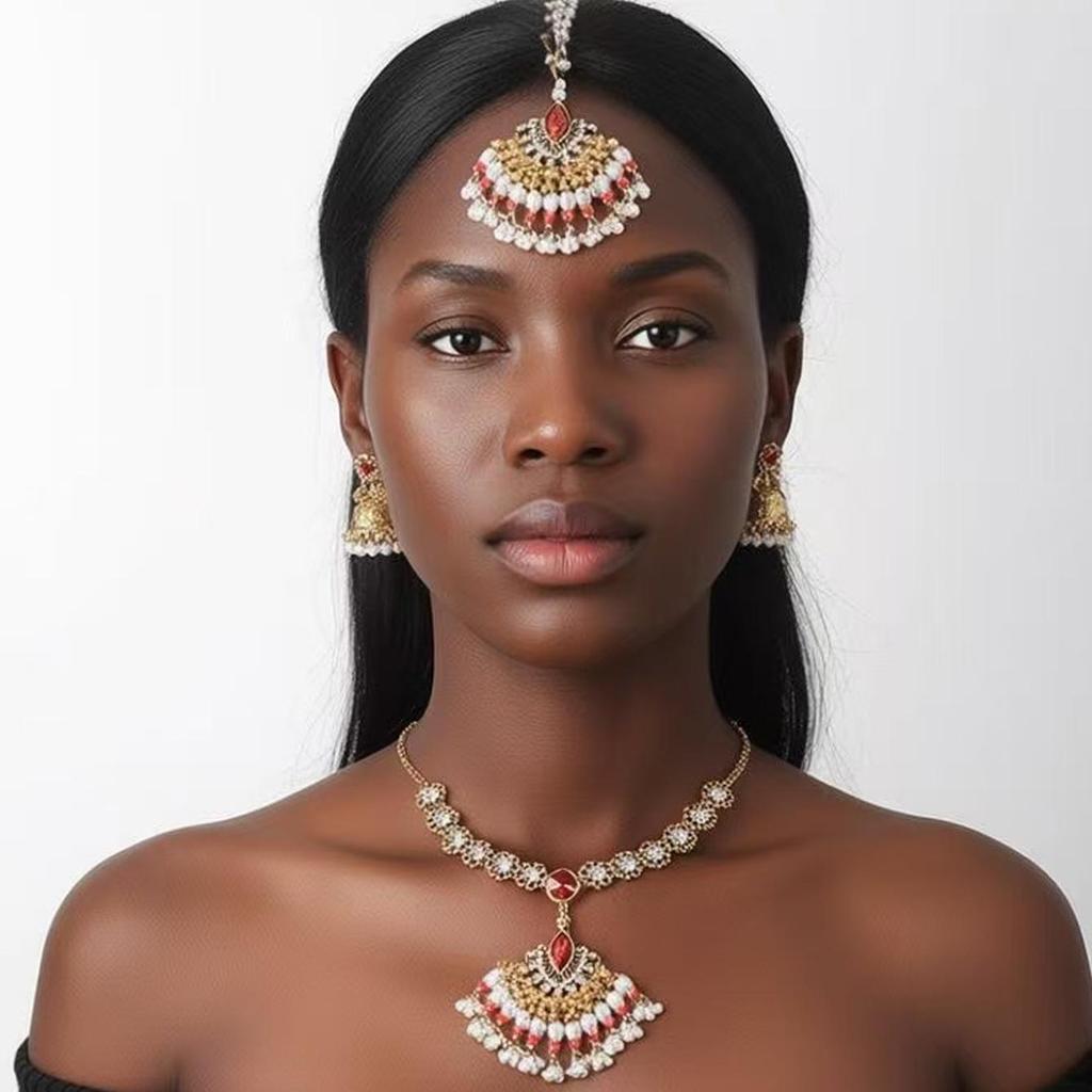 Middle Eastern Style Fan Shape Jewelry Set: Elegant Head Chain, Earrings, and Necklace for Women