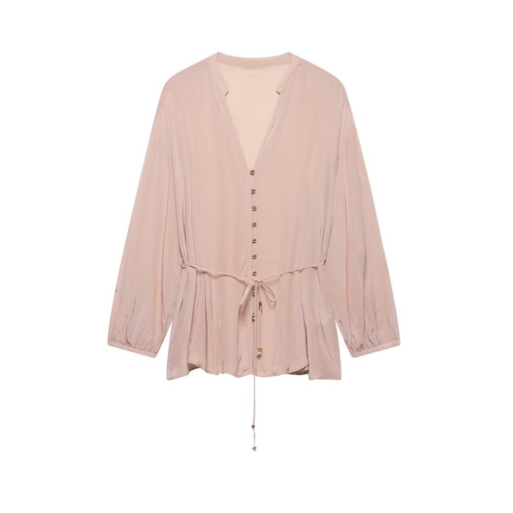 

2025 Spring/Summer Women s Casual V-Neck Shirt with Tie Detail Large телесный