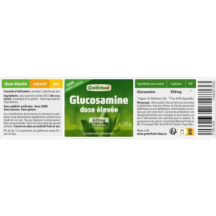 Greenfood glucosamine, 429 mg, 120 gélules, doses élevées - sans additifs artificiels, sans génie génétique (non ogm).
